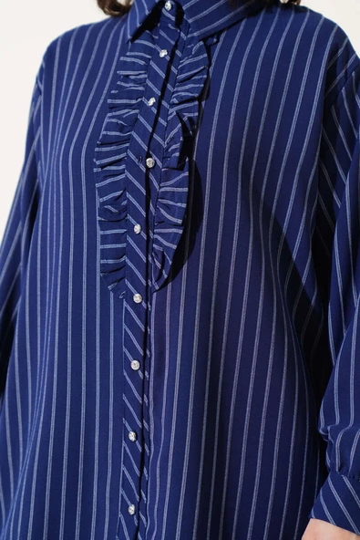 Fırfır Detaylı Taş Düğmeli Çizgili Gömlek Lacivert - Resim 4