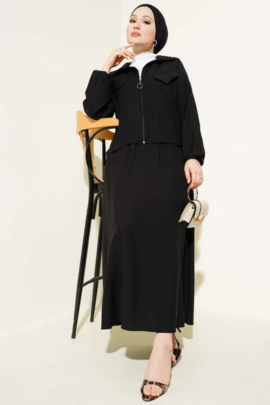 Fermuarlı Cep Kapaklı Etekli İkili Takım Siyah ürün görseli 1