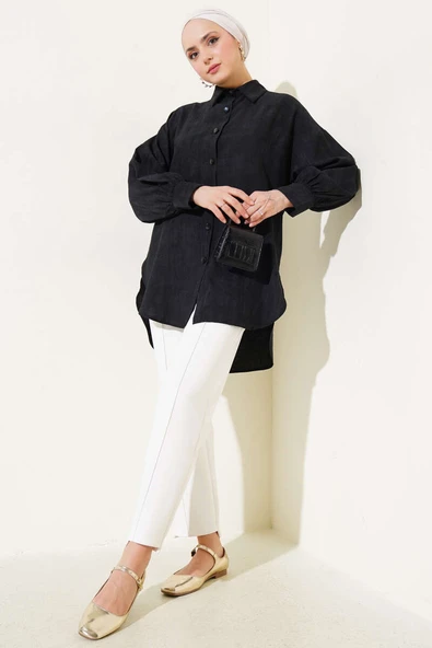 Kırışık Dokulu Basic Gömlek Siyah - Resim 2