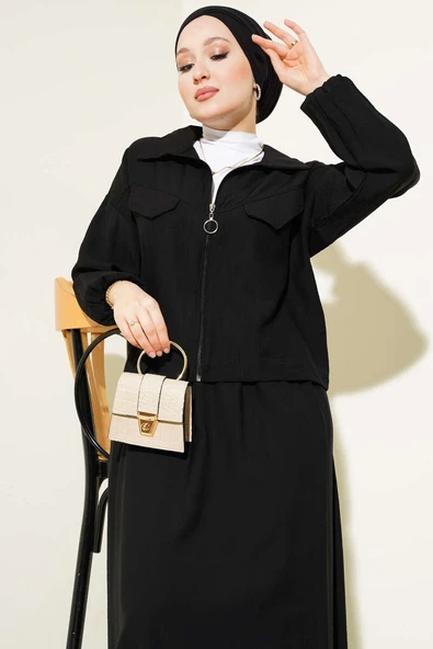 Fermuarlı Cep Kapaklı Etekli İkili Takım Siyah - Resim 2