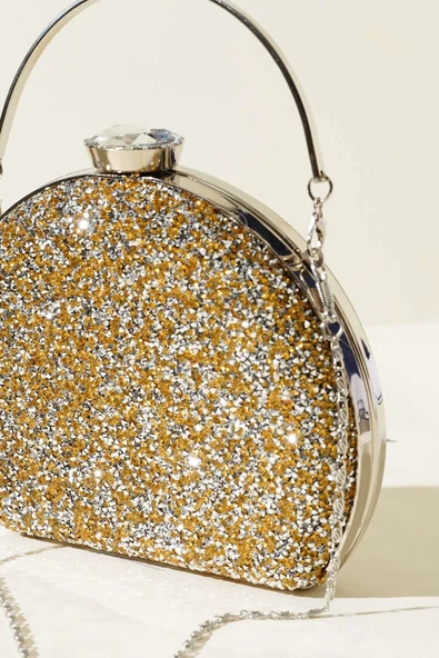 Taşlı Oval Abiye Çanta Sarı - Resim 3
