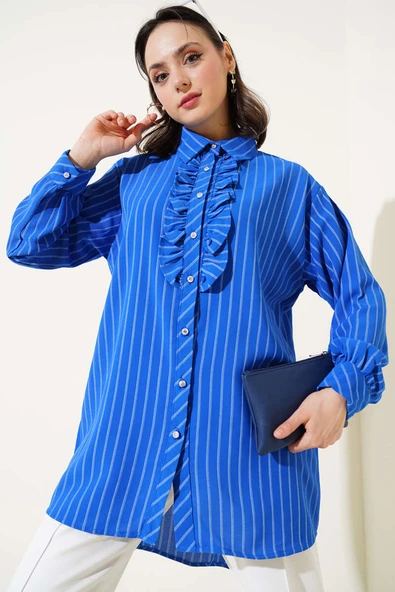 Fırfır Detaylı Taş Düğmeli Çizgili Gömlek Saks ürün görseli 1