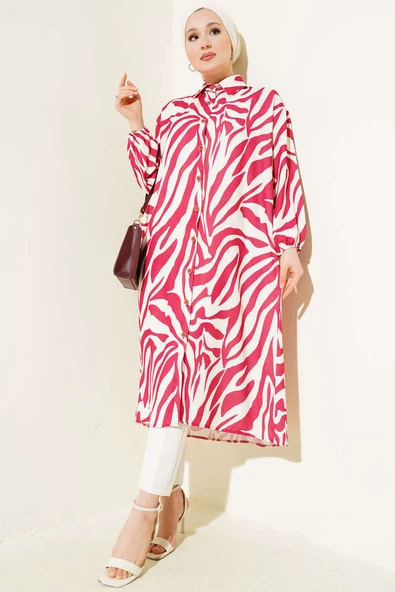 Zebra Desenli Uzun Gömlek Bordo - Resim 2