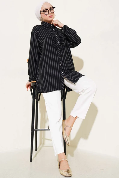 Fırfır Detaylı Taş Düğmeli Çizgili Gömlek Siyah - Resim 2