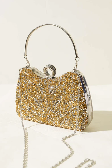 Yüzüklü Taşlı Abiye Çanta Sarı Beyaz ürün görseli 1