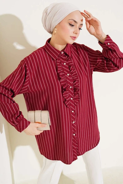 Fırfır Detaylı Taş Düğmeli Çizgili Gömlek Bordo