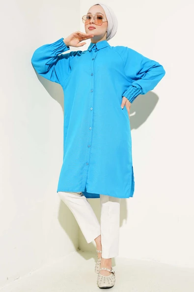 Bilek Nervürlü Uzun Gömlek Mavi - Resim 2