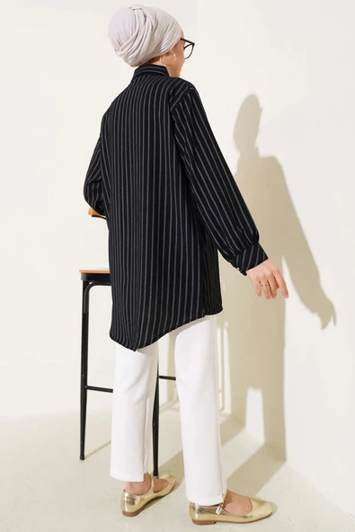 Fırfır Detaylı Taş Düğmeli Çizgili Gömlek Siyah - Resim 3