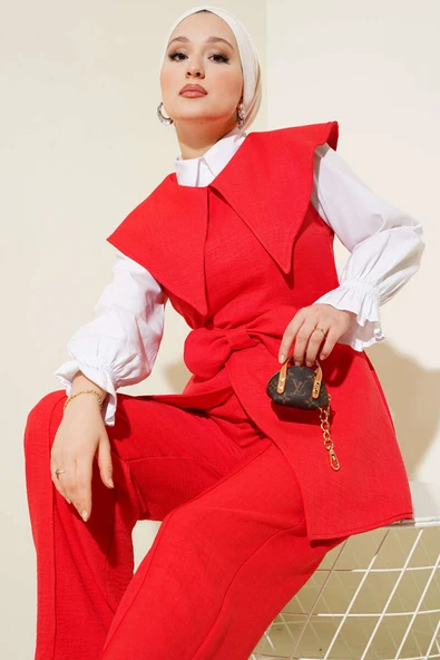 Fiyonk Detaylı Denizci Yaka İkili Takım Kırmızı - Resim 2