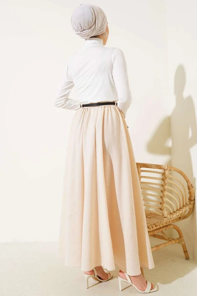 Bel Fermuarlı Kemerli Kraş Etek Bej - Resim 3