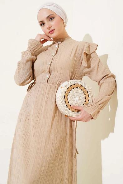 Omuz Fırfırlı Yan İp Bağcıklı Elbise Bej - Resim 2