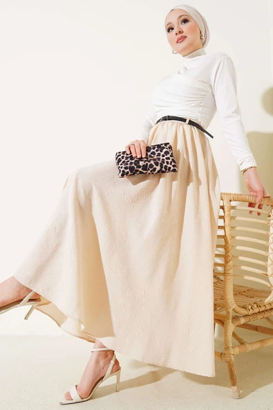 Bel Fermuarlı Kemerli Kraş Etek Bej - Resim 2