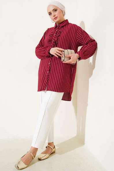 Fırfır Detaylı Taş Düğmeli Çizgili Gömlek Bordo - 2