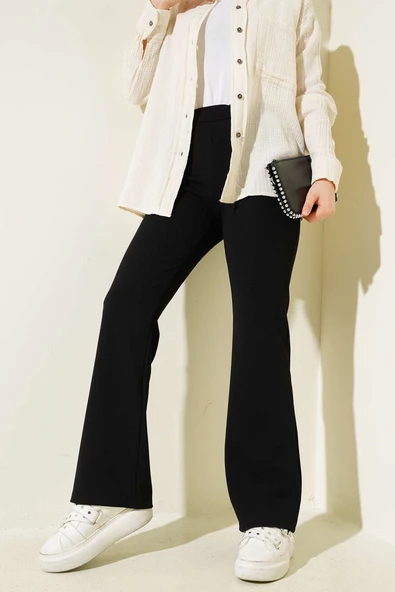 İspanyol Paça Bel Lastikli Pantolon Siyah - Resim 2