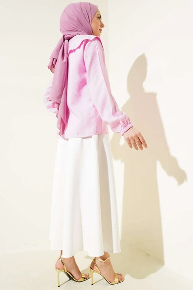 Denizci Yaka Dantelli Kısa Gömlek Pembe - Resim 3