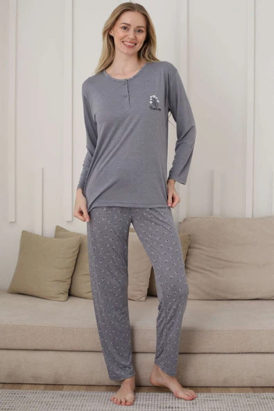 Uzun Kol Kalp Detaylı Düğmeli Pijama Takım Gri