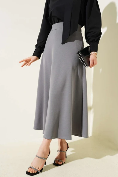 Beli Lastikli Kloş Basic Etek Gri