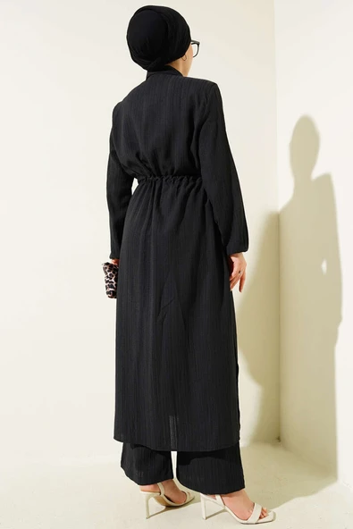 Bel Tünelli Düğmeli Uzun Gömlek İkili Takım Siyah - 3