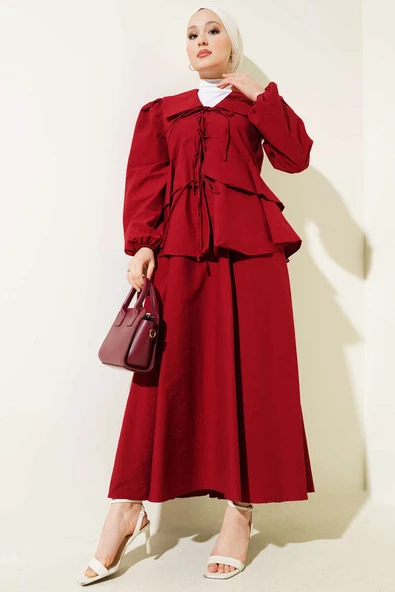 Önü İp Bağlamalı Bluzlu Etekli İkili Takım Bordo ürün görseli 1