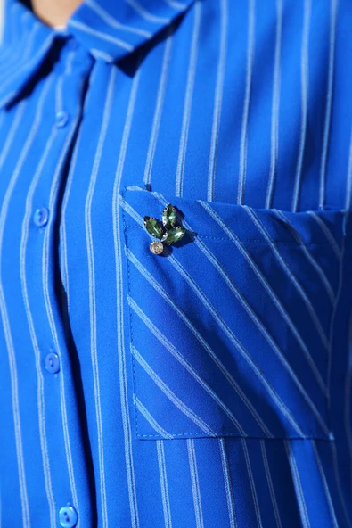 Cep Taş Detaylı Çizgili Gömlek Saks - Resim 4