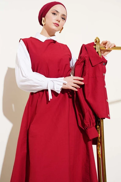 Bel Lastik Detaylı Paraşüt Jile İkili Takım Bordo - Resim 2