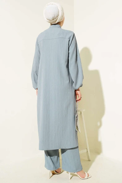 Gizli Düğmeli Yan Yırtmaçlı Uzun Tunik Takım Gri - Resim 3