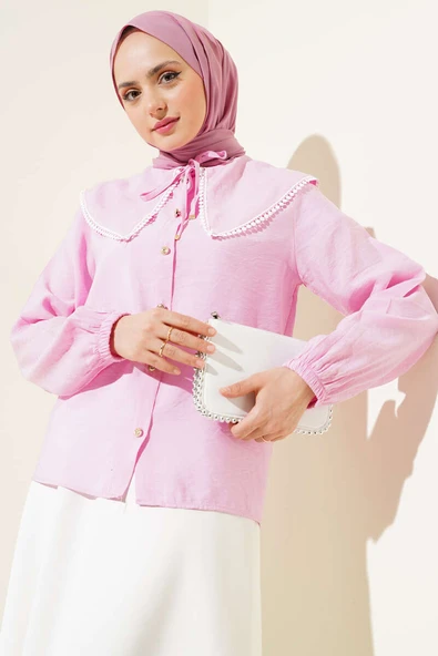 Denizci Yaka Dantelli Kısa Gömlek Pembe - Resim 2