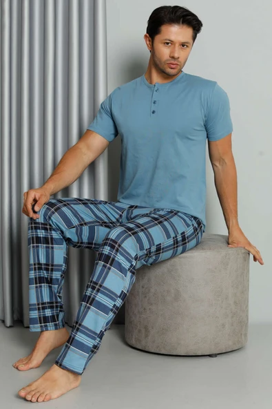 Ekose Baskılı Düğmeli Kısa Kol Pijama Takım Mavi ürün görseli 1