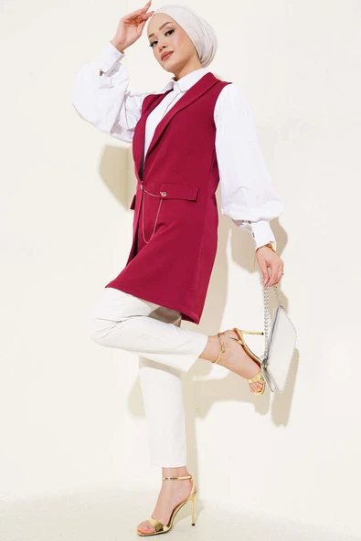 Önü Düğmeli Yelek Bordo - Resim 2