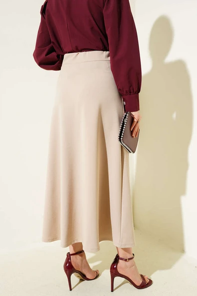 Beli Lastikli Kloş Basic Etek Bej - 3