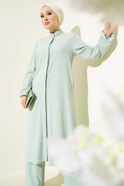 Gizli Düğmeli Yan Yırtmaçlı Uzun Tunik Takım Mint - Resim 2