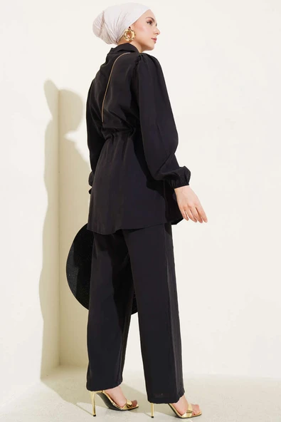 Parça Detaylı Bel Tünelli İkili Takım Siyah - Resim 3