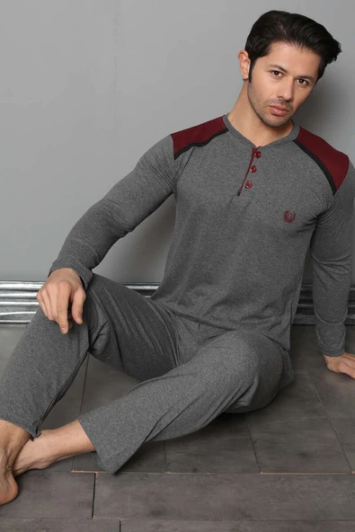 Omuz Düğmeli Uzun Kol Erkek Pijama Takım Füme