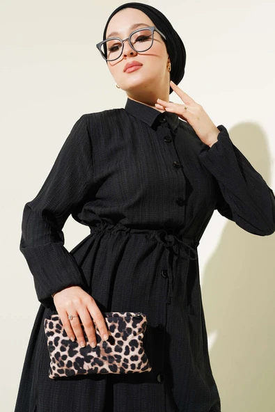 Bel Tünelli Düğmeli Uzun Gömlek İkili Takım Siyah - 2