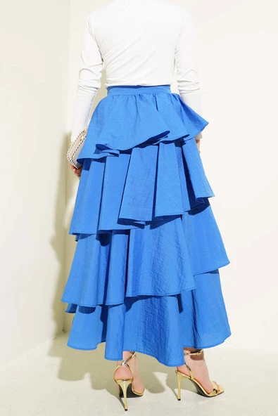 Fermuarlı Kat Kat Etek Saks - Resim 3