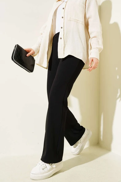 İspanyol Paça Bel Lastikli Pantolon Siyah ürün görseli 1