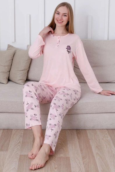 Çiçek Demetli Düğmeli Uzun Kol Pijama Takım Yavru Ağzı