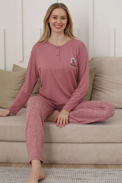 Uzun Kol Kalp Detaylı Düğmeli Pijama Takım Gül Kurusu