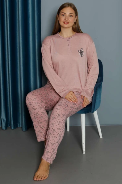 Desenli Viskon Büyük Beden Pijama Takımı Pudra