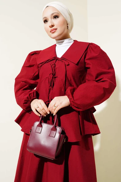 Önü İp Bağlamalı Bluzlu Etekli İkili Takım Bordo - Resim 2