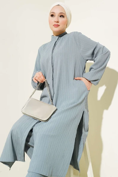 Gizli Düğmeli Yan Yırtmaçlı Uzun Tunik Takım Gri - Resim 2