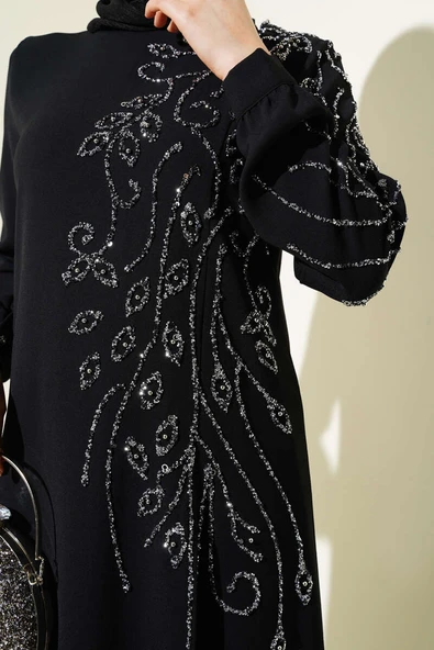 Önü Parlak Taşlı Uzun Tunik Büyük Beden İkili Takım Siyah - Resim 4