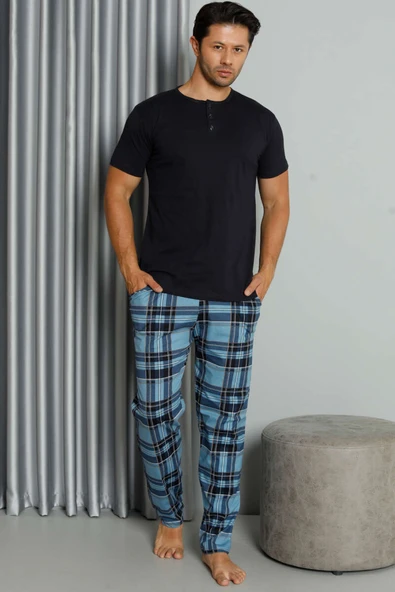 Ekose Baskılı Düğmeli Kısa Kol Pijama Takım Lacivert - 2