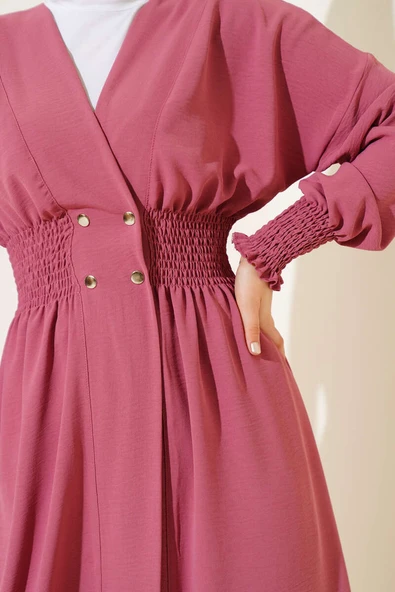 Kol Ve Bel Büzgülü Patlı Hırka Pudra - Resim 4