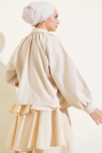 Balon Kol Taş Düğmeli Kısa Gömlek Bej - Resim 3