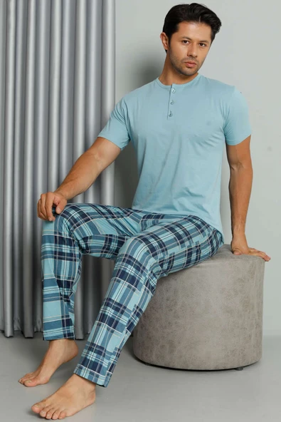 Ekose Baskılı Düğmeli Kısa Kol Pijama Takım Mint
