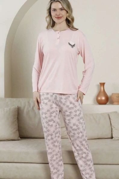 Desenli Viskon Uzun Kol Pijama Takımı Yavru Ağzı - 2