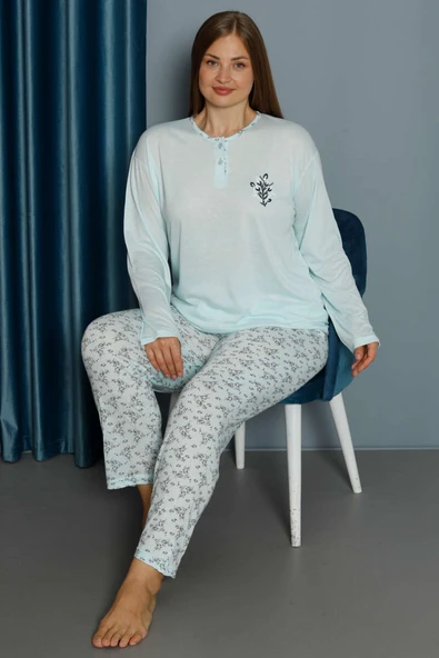 Desenli Viskon Büyük Beden Pijama Takımı Buz Mavisi - 1