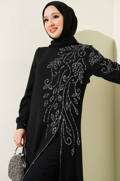 Önü Parlak Taşlı Uzun Tunik Büyük Beden İkili Takım Siyah - Resim 2