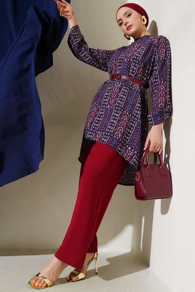 Desenli Kemerli Tunik İkili Takım Mürdüm ürün görseli 1
